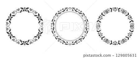 Round ornate border set. Floral loop decorative edge. Elegant outline circular frame. Vintage contour lace ring. Ornamental detailed wreath shape. Retro filigree vignette. Copy space symmetric emblem 129805631