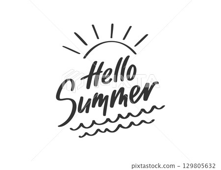 Handwritten lettering Hello summer in black ink calligraphy. Brushstroke modern summer time signage with sea waves and sun beams. Decorative playful freehand live signature for print banner poster 129805632