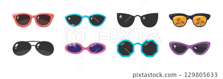 Sunglass flat icon set. Various types, modern shape, retro style, oval frame, round lens, cat eye, geometric design, black glass, tinted surface, palm reflection, cartoon colorful summer accessory Sunglass flat icon set. Various types, modern shape, retro style, oval frame, round lens, cat eye, geometric design, black glass, tinted surface, palm reflection, cartoon colorful summer accessory 129805633