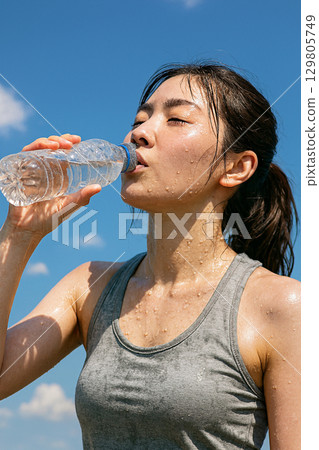 Sweaty woman drinking water 129805749