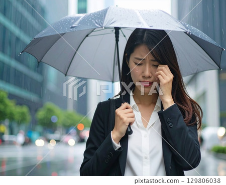 拿著傘的沮喪的女商人 129806038