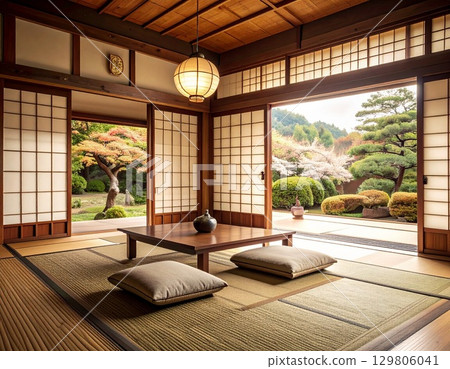 A Japanese-style room with a beautiful garden view 129806041