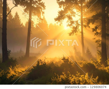 Forest where the morning sun shines through 129806074