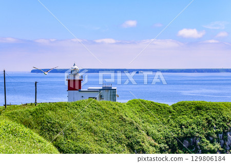 Coastline stretching from Cape Hanasaki to Ochiishi, town and fishing port, blue summer sky and seascape (Nemuro City, Hokkaido) 129806184