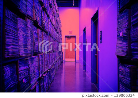 A room with a red door and a pile of medical records lit by purple and pink light 129806324