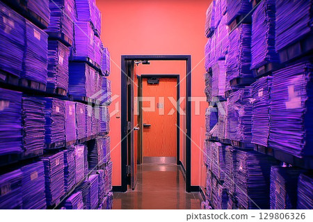 The data center entrance with an orange door and purple film 129806326