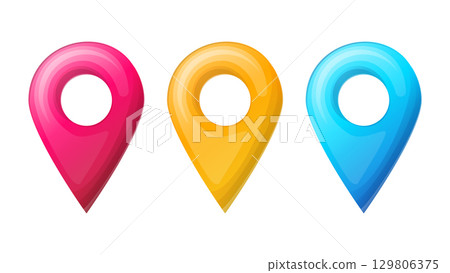 A vibrant set of three glossy 3D-style map location markers in pink, yellow, and blue. These navigation pins are commonly used in maps, GPS applications, and UI UX designs to indicate locations or 129806375