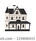 An illustration of a haunted mansion in gothic style. Spooky Victorian house with black roof and beige walls. Perfect for Halloween designs, posters, invitations, and seasonal projects. 129806415