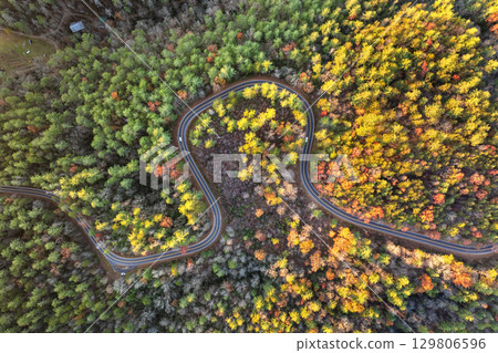 Car cruising on scenic road in Appalachian mountains at sunset. Trees glowing in vibrant fall foliage as the sun sets 129806596