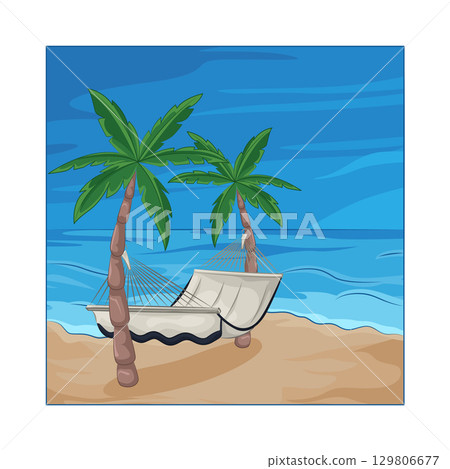 Illustration of Hammock hanging between palm trees Illustration of Hammock hanging between palm trees 129806677