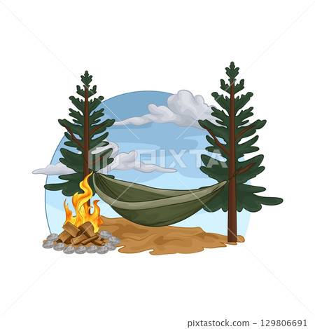 Illustration of A hammock hangs between the pine trees. Illustration of A hammock hangs between the pine trees. 129806691