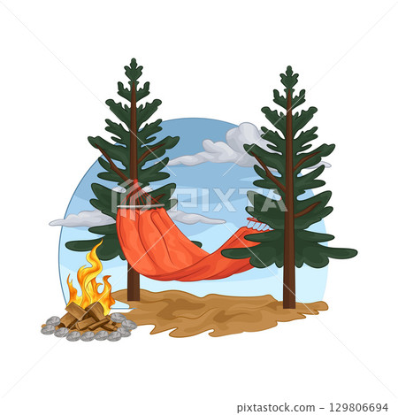 Illustration of A hammock hangs between the pine trees. 129806694