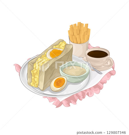 Illustration of Egg Sandwich and French Fries  129807346