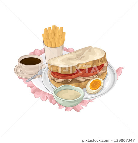 Illustration of Sandwich and French Fries  129807347