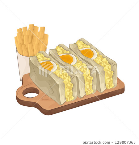 Illustration of Egg Sandwich and French Fries 129807363