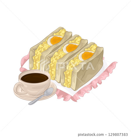 Illustration of Egg Sandwich and Coffee Cup 129807383