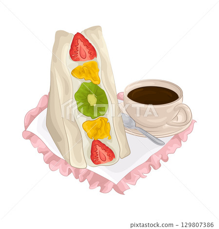 Illustration of Fruit Sandwich and Coffee Cup 129807386