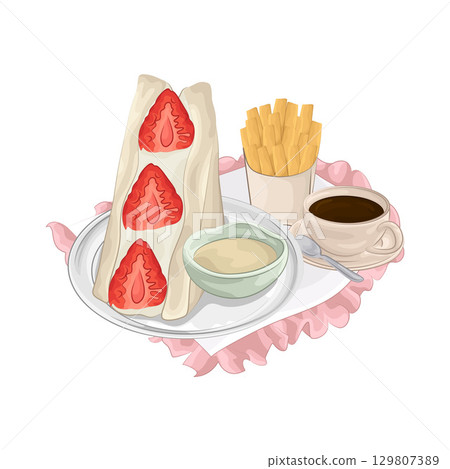Illustration of Strawberry Sandwich and French Fries  129807389