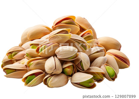 A pile of pistachios on a white background 129807899