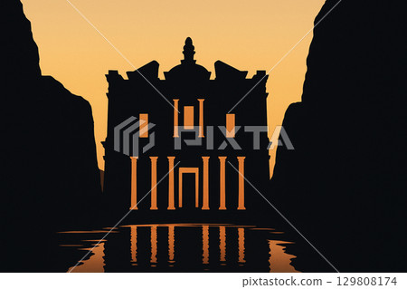 黃昏時分佩特拉寶庫的輪廓 129808174