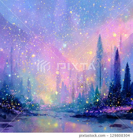 一片夢幻般的森林和星空，被紫色和藍色的光芒包裹著 129808304