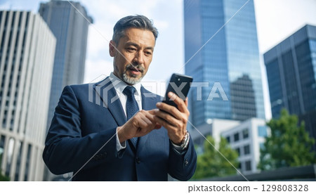 AI image: A businessman trading stocks on a smartphone AI image: A businessman trading stocks on a smartphone 129808328