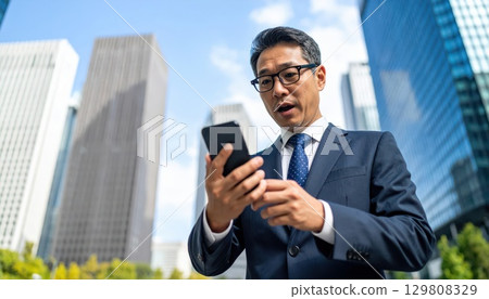 AI image: A businessman trading stocks on a smartphone 129808329