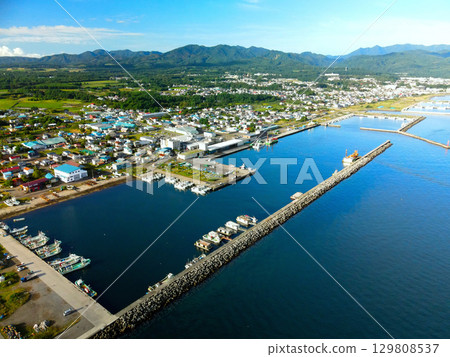 Aerial view of Mori fishing port in Mori town, Hokkaido in summer 129808537