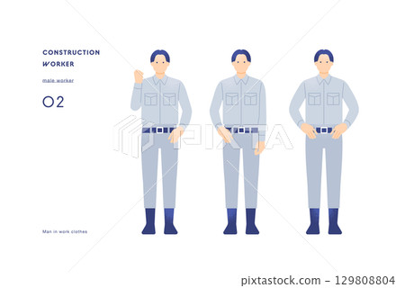 Motivated worker, man in work clothes, vector illustration set of people working in the construction industry Motivated worker, man in work clothes, vector illustration set of people working in the construction industry 129808804