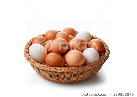 白色背景中籃子裡有許多生雞蛋 129808876