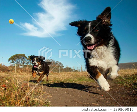 Two dogs running happily 129809015