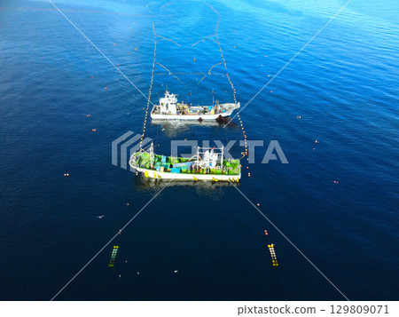 Aerial view of fixed net fishing boats in Funka Bay (Uchiura Bay) off the coast of Mori Town, Hokkaido in summer Aerial view of fixed net fishing boats in Funka Bay (Uchiura Bay) off the coast of Mori Town, Hokkaido in summer 129809071