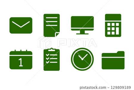 Business icon set (email, documents, PC, calculator, etc.) / Flat, simple, green 129809189