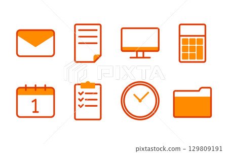 Business icon set (email, documents, PC, calculator, etc.) / 2-color, simple, orange Business icon set (email, documents, PC, calculator, etc.) / 2-color, simple, orange 129809191
