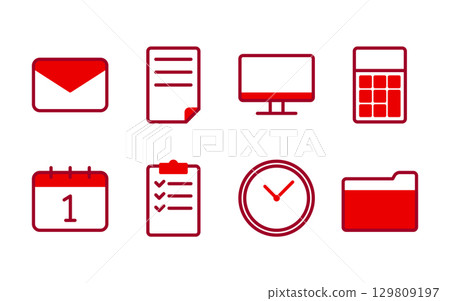 Business icon set (email, documents, PC, calculator, etc.) / 2 colors, simple, red 129809197