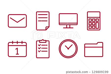 商業圖示集（電子郵件、文件、電腦、計算器等）/線條畫、簡單、紅色 129809199