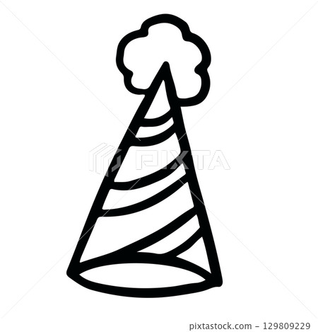 Hand drawn party hat outline for costume, party, celebration, amusement park, sticker, decorations, cute patches, shirt print, brooch, merchandise, logo, icon, kids and children, department store	 129809229