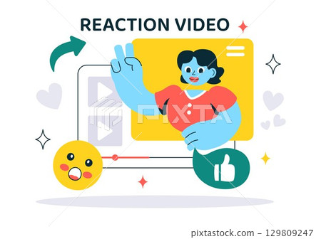 Reaction Video Vector Illustration featuring a Smartphone with a Viral Video and People Giving Likes and Reactions on Social Media in a Background Reaction Video Vector Illustration featuring a Smartphone with a Viral Video and People Giving Likes and Reactions on Social Media in a Background 129809247
