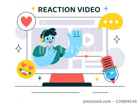 Reaction Video Vector Illustration featuring a Smartphone with a Viral Video and People Giving Likes and Reactions on Social Media in a Background Reaction Video Vector Illustration featuring a Smartphone with a Viral Video and People Giving Likes and Reactions on Social Media in a Background 129809248