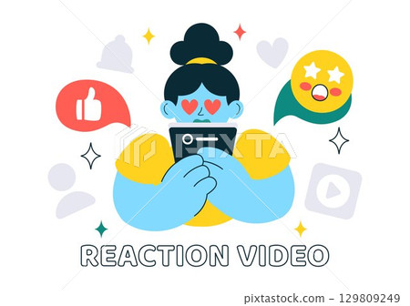 Reaction Video Vector Illustration featuring a Smartphone with a Viral Video and People Giving Likes and Reactions on Social Media in a Background Reaction Video Vector Illustration featuring a Smartphone with a Viral Video and People Giving Likes and Reactions on Social Media in a Background 129809249