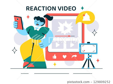 Reaction Video Vector Illustration featuring a Smartphone with a Viral Video and People Giving Likes and Reactions on Social Media in a Background Reaction Video Vector Illustration featuring a Smartphone with a Viral Video and People Giving Likes and Reactions on Social Media in a Background 129809252