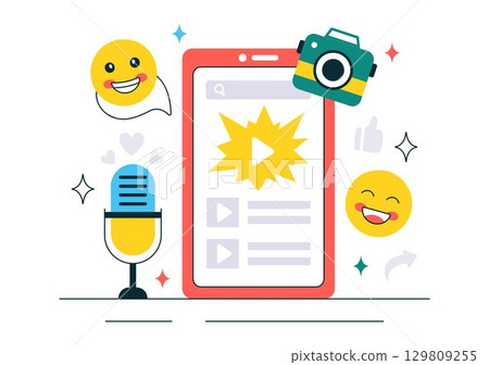 Reaction Video Vector Illustration featuring a Smartphone with a Viral Video and People Giving Likes and Reactions on Social Media in a Background Reaction Video Vector Illustration featuring a Smartphone with a Viral Video and People Giving Likes and Reactions on Social Media in a Background 129809255