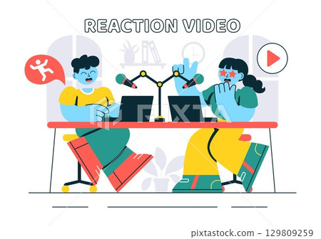 Reaction Video Vector Illustration featuring a Smartphone with a Viral Video and People Giving Likes and Reactions on Social Media in a Background Reaction Video Vector Illustration featuring a Smartphone with a Viral Video and People Giving Likes and Reactions on Social Media in a Background 129809259