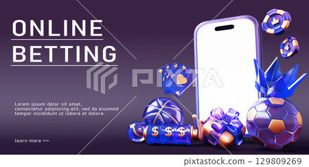 Online betting 3d banner. Casino or sport bet in mobile app. Smartphone screen mockup with neon poker chips, glass cards, slot machine, soccer ball, crown, gold gift box on purple bg. 3D illustration 129809269