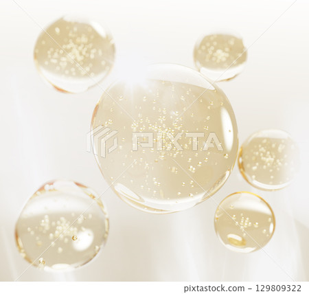 3d gold liquid gel cream oil drops texture. Floating cosmetic spheres with bubbles on light background. Yellow serum, retinol vitamin, hyaluronic essence, glycolic acid for skin care. 3D illustration 129809322