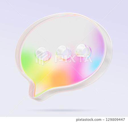 Glass holographic transparent speech bubble 3d render icon. Chat box with three dots, dialogue round shape with rainbow color gradient. Message typing in social networks, conversation. 3D illustration Glass holographic transparent speech bubble 3d render icon. Chat box with three dots, dialogue round shape with rainbow color gradient. Message typing in social networks, conversation. 3D illustration 129809447
