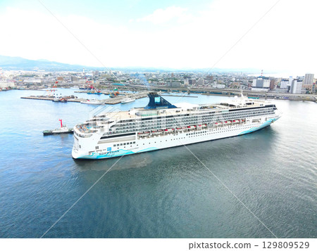 Aerial view of the cruise ship Norwegian Spirit calling at Hakodate Port in Hakodate, Hokkaido in summer 129809529