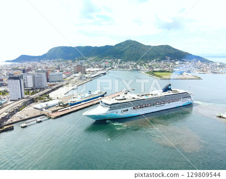 Aerial view of the cruise ship Norwegian Spirit calling at Hakodate Port in Hakodate, Hokkaido in summer Aerial view of the cruise ship Norwegian Spirit calling at Hakodate Port in Hakodate, Hokkaido in summer 129809544