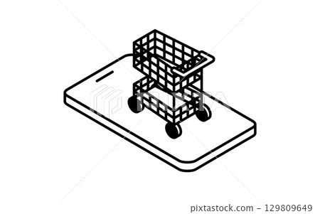 用於線上支付的智慧型手機和購物車的金融科技圖標，黑白 129809649