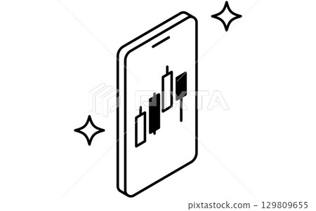 Fintech icon checking stock investment candle chart on smartphone, black and white 129809655
